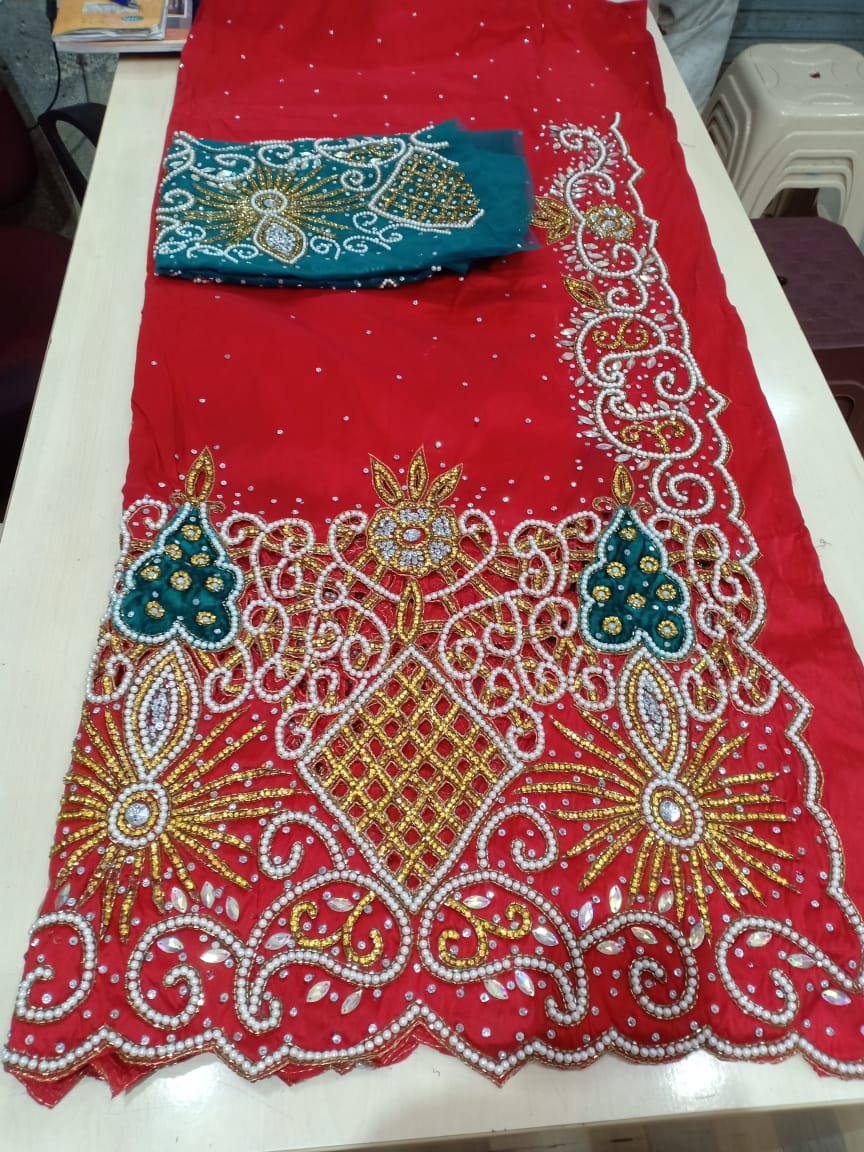 Red Silk India George Fabric with Net Blouse (5 yards)